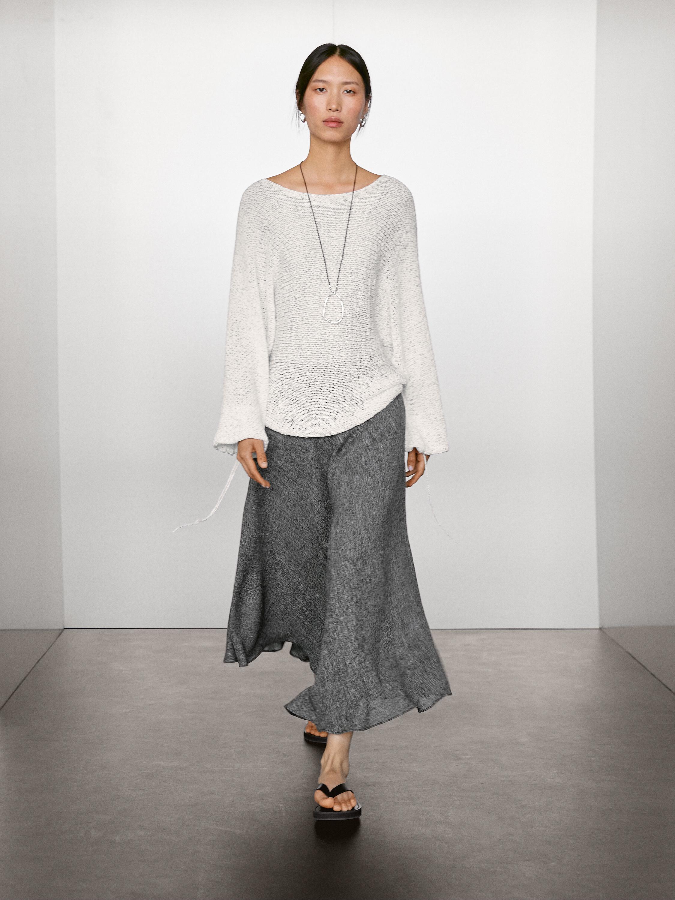 Linen blend midi skirt with flounce